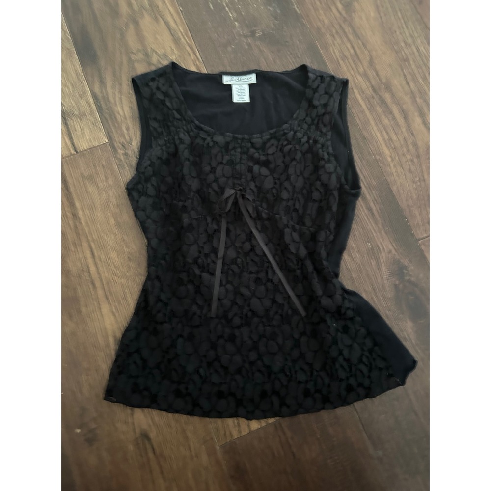 J Marco Black Floral Lace Overlay babydoll Top with Ribbon Bow Accent XS y2k